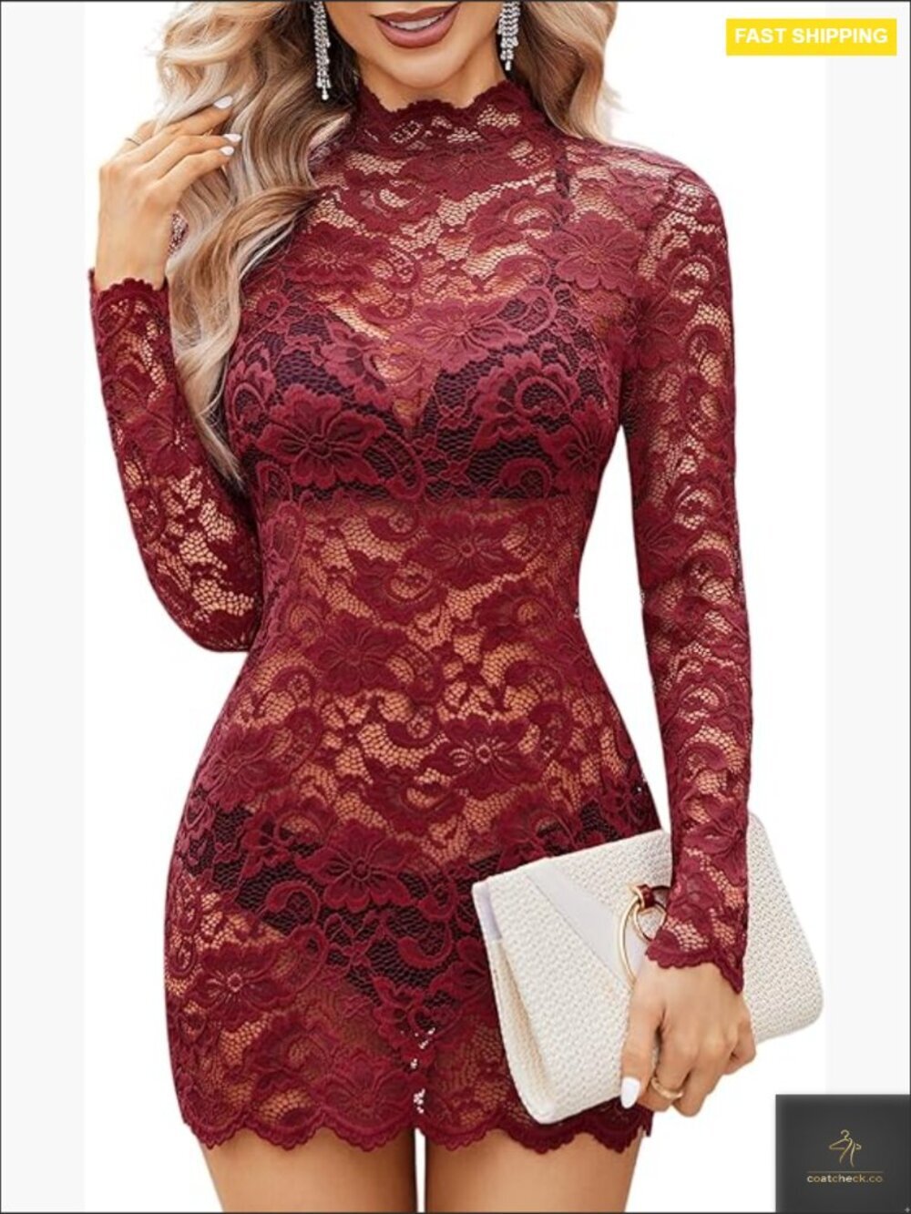 Sheer Lace Mini Dress Long Sleeve See Through Elegant Party Night Out